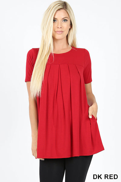 4243 1/4S R Neck Pleated TOP w PKTS in DARK RED JV-KO