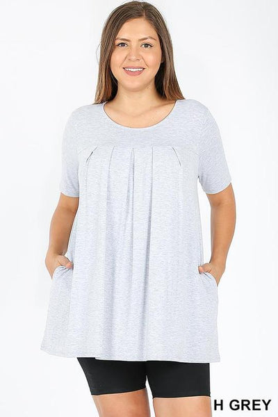 4240 1/4S R Neck Pleated TOP w PKTS in HEATHER GREY JV-F12B