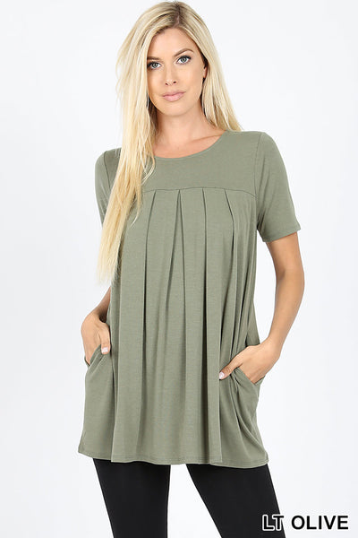4244 1/4S R Neck Pleated TOP w PKTS in LIGHT OLIVE JV-F7C