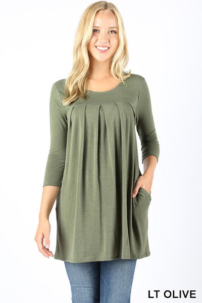 5627 3/4S R Neck Pleated TOP w PKTS in LT OLIVE JV-C22A
