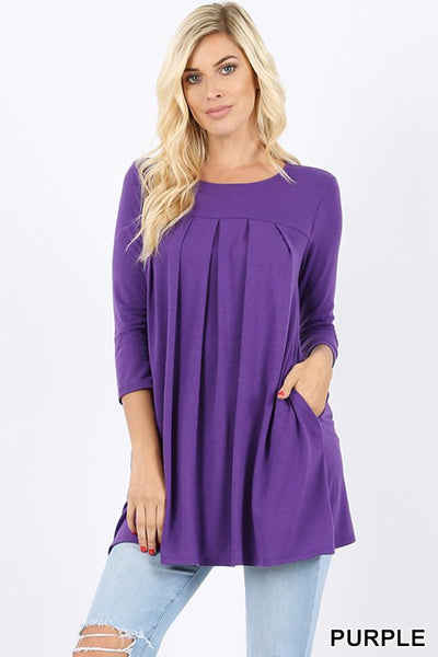 5623 3/4S R Neck Pleated TOP w PKTS in PURPLE JV-C37A