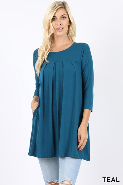 5638 3/4S R Neck Pleated TOP w PKTS in TEAL JV-KO