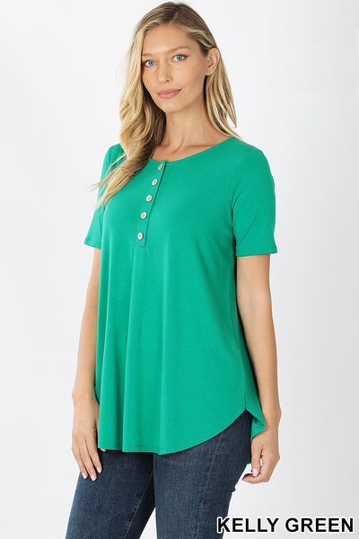 4146 1/4S Henley Shell Button TOP in KELLY GREEN