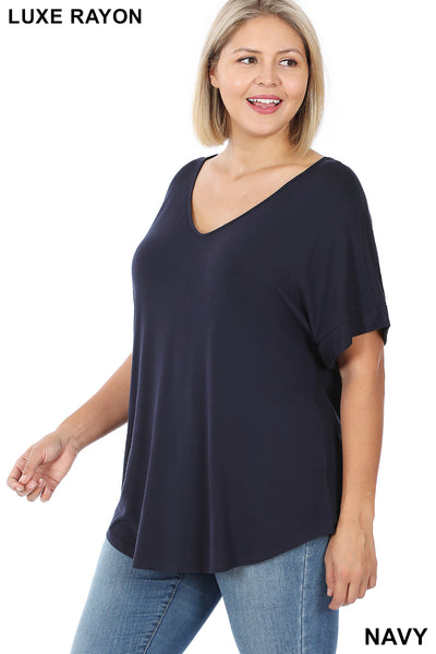 4154 1/4S Cuffed V Neck Round Hem TOP in NAVY