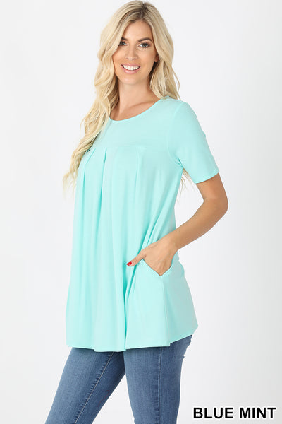 4177 1/4S R Neck Pleated TOP w PKTS in BLUE MINT