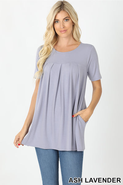 4178 1/4S R Neck Pleated TOP w PKTS in ASH LAVENDER