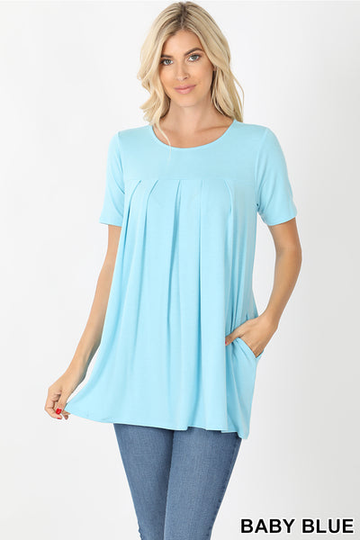4179 1/4S R Neck Pleated TOP w PKTS in BABY BLUE