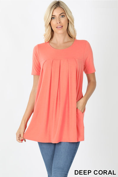 4180 1/4S R Neck Pleated TOP w PKTS in DEEP CORAL