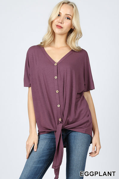 4335 1/4S Tie Front Button TOP in EGGPLANT