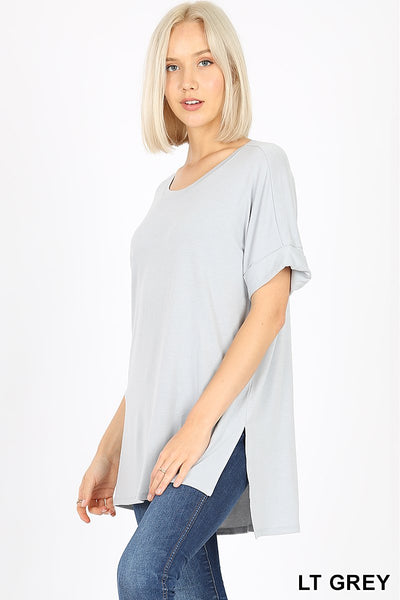 4376 1/4S Rolled R Neck HiLo Side Slit TOP in LT GREY