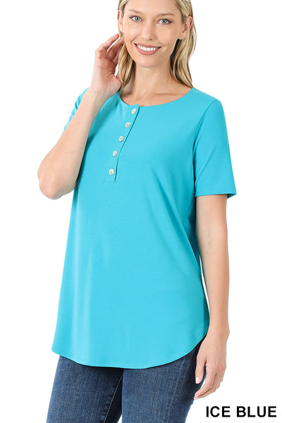 4445 1/4S Henley Shell Button TOP in ICE BLUE