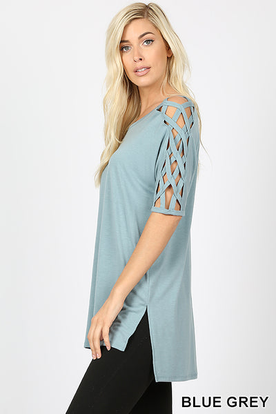 4546 1/4S Criss Cross Shoulder HiLo Hem TOP in BLUE GREY