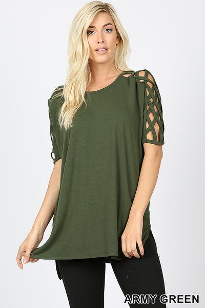 4547 1/4S Criss Cross Shoulder HiLo Hem TOP in ARMY GREEN