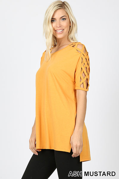 4548 1/4S Criss Cross Shoulder HiLo Hem TOP in ASH MUSTARD