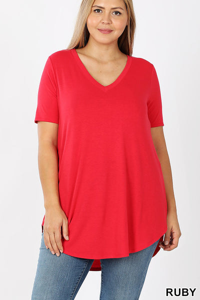 4838 1/4S V Neck Round Hem TOP in RUBY