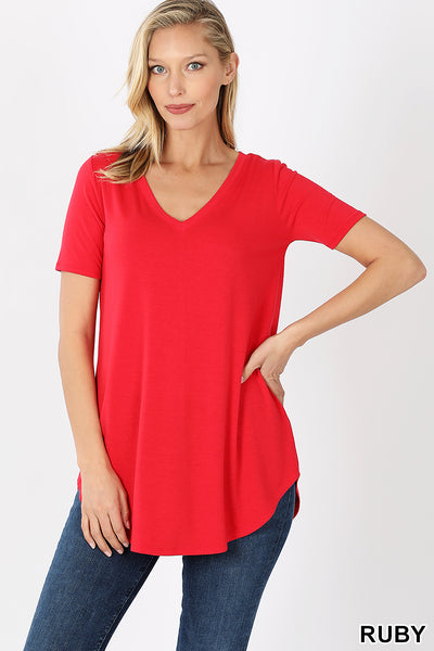 4838 1/4S V Neck Round Hem TOP in RUBY