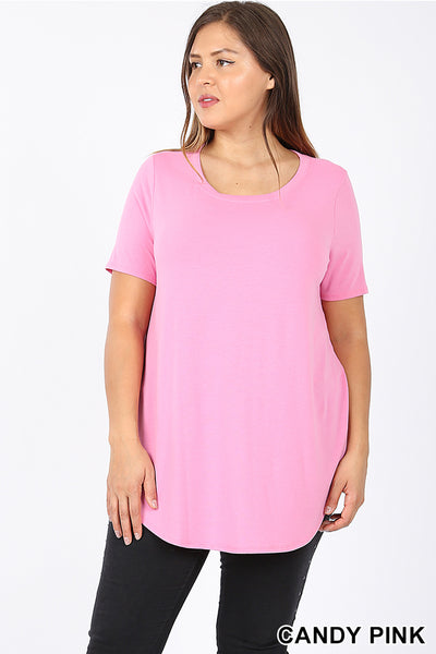 4866 1/4S Round Neck & Hem TOP in CANDY PINK