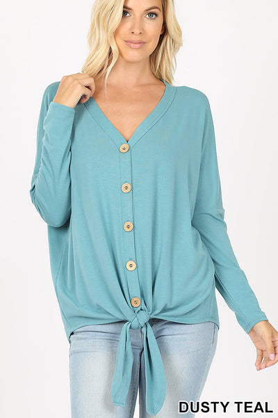 5337 4/4S Tie Front Button TOP in DUSTY TEAL JV-N63C