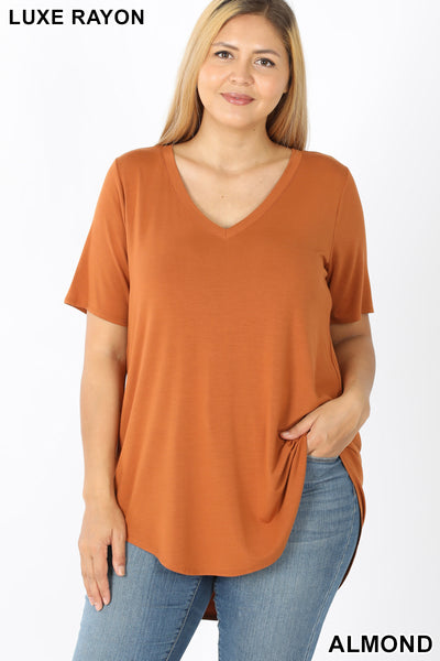 4091 1/4S V Neck HiLo Hem TOP in ALMOND