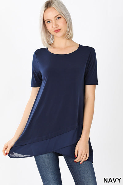 4287 1/4S Overlap Chiffon TOP in NAVY JV-M38B