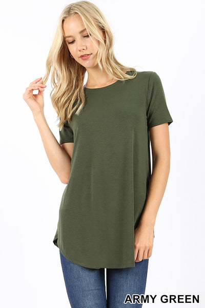4258 1/4S Round Neck & Hem TOP in ARMY GREEN