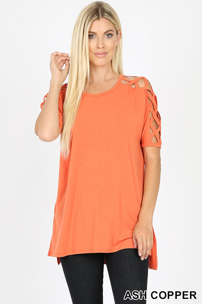4528 1/4S Criss Cross Shoulder HiLo Hem TOP in ASH COPPER