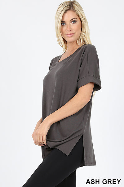 4233 1/4S Rolled R Neck HiLo Side Slit TOP in ASH GREY