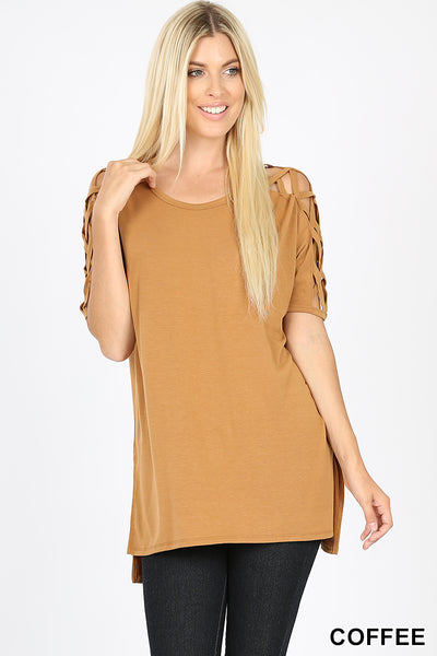4519 1/4S Criss Cross Shoulder HiLo Hem TOP in COFFEE