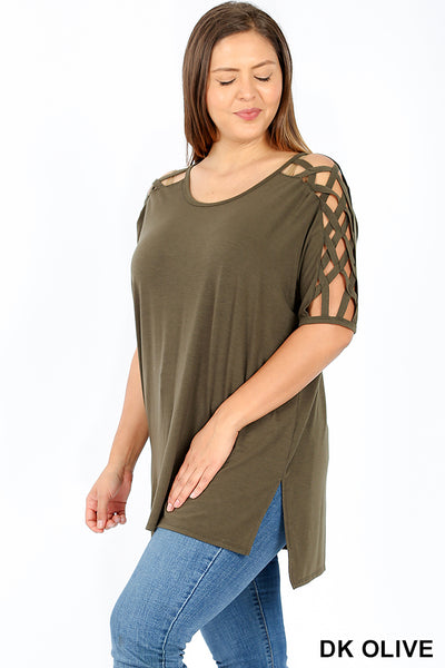4832 1/4S Criss Cross Shoulder HiLo Hem TOP in DK OLIVE