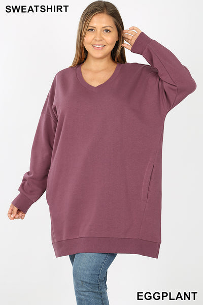 5717 4/4S OVZ V Neck SWEATSHIRT w PKTS in EGGPLANT
