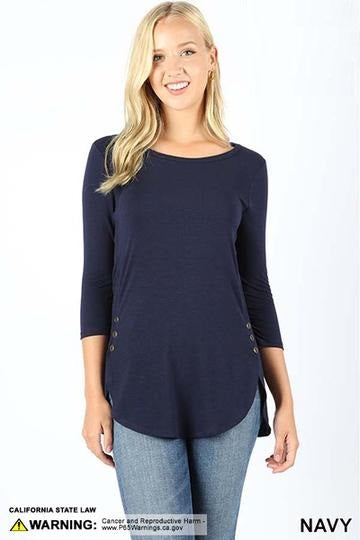 5321 3/4S w/ Side Button Dolphin Hem TOP in NAVY