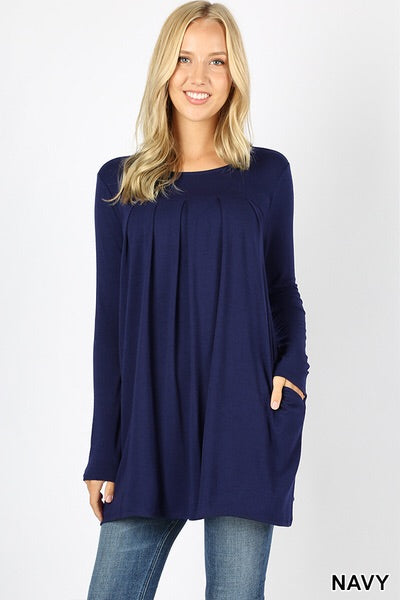 5279 4/4S R Neck Pleated TOP in NAVY