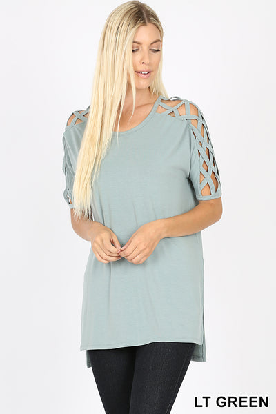 4522 1/4S Criss Cross Shoulder HiLo Hem TOP in LT GREEN