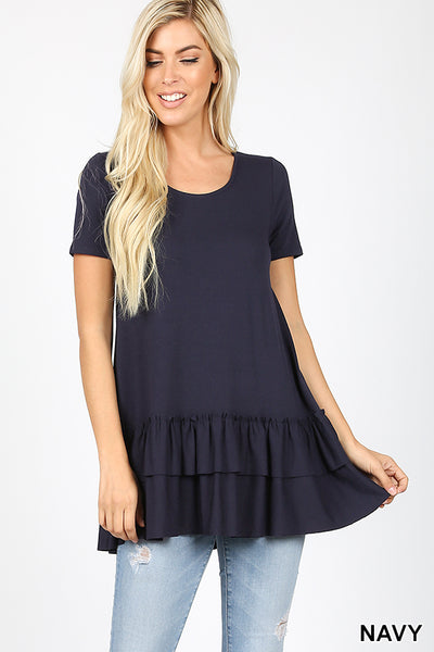 4940 1/4S Double Ruffle Bottom Round Neck TOP in NAVY