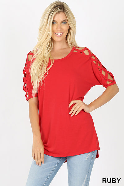 4527 1/4S Criss Cross Shoulder HiLo Hem TOP in RUBY