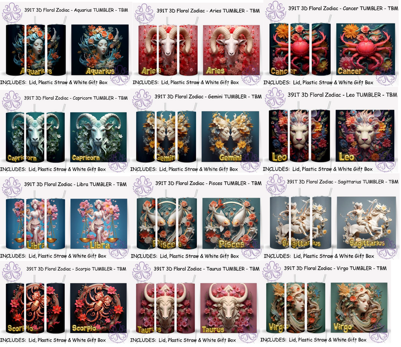 391T 3D Floral Zodiac TUMBLER - TBM ASSORTED