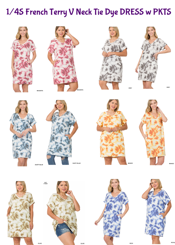 $5 OFF 💜 1/4S French Terry V Neck Tie Dye DRESS w PKTS 💜 ONLY $25