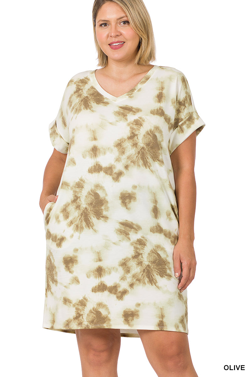 11130 1/4S French Terry V Neck Tie Dye DRESS w PKTS in OLIVE JV-HA64C G