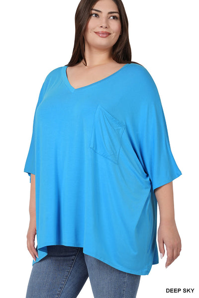 11231 1/4S OVZ V Neck Front Pocket TOP in DEEP SKY JV-J17C