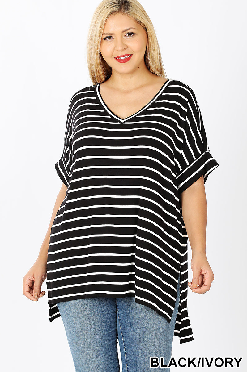 11241 1/4S Striped Rolled V Neck HiLo TOP in BLACK JV-D7C