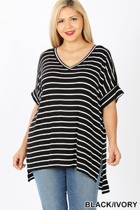 11241 1/4S Striped Rolled V Neck HiLo TOP in BLACK JV-D7C