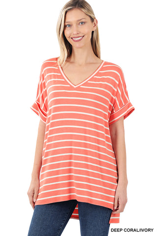 11242 1/4S Striped Rolled V Neck HiLo TOP in DP CORAL JV-D17C