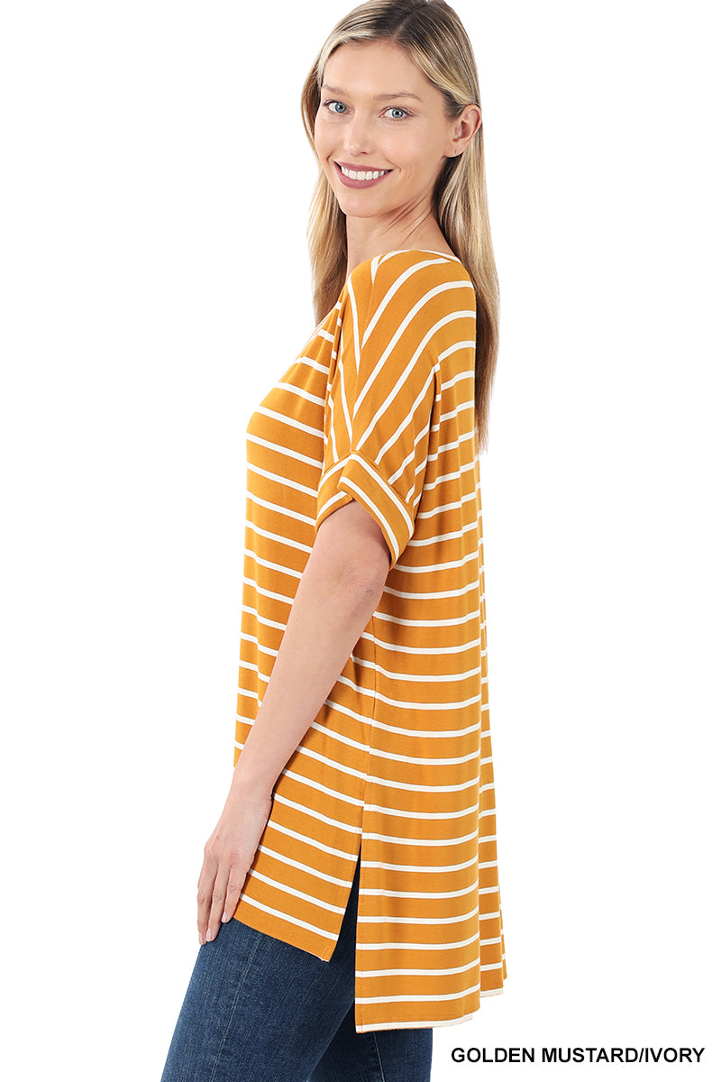 11243 1/4S Striped Rolled V Neck HiLo TOP in GLD MUST JV-D23C