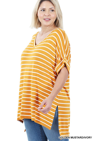 11243 1/4S Striped Rolled V Neck HiLo TOP in GLD MUST JV-D23C