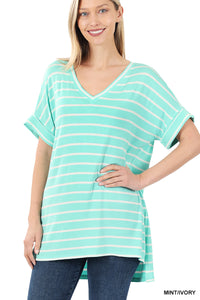11244 1/4S Striped Rolled V Neck HiLo TOP in MINT JV-D3C