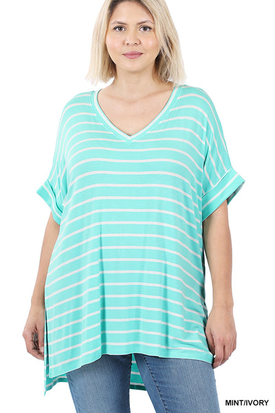 11244 1/4S Striped Rolled V Neck HiLo TOP in MINT JV-D3C