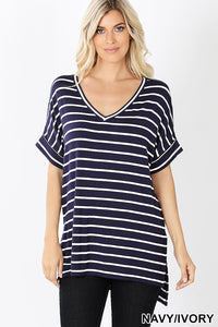 11245 1/4S Striped Rolled V Neck HiLo TOP in NAVY JV-C3C