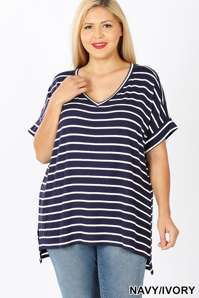 11245 1/4S Striped Rolled V Neck HiLo TOP in NAVY JV-C3C