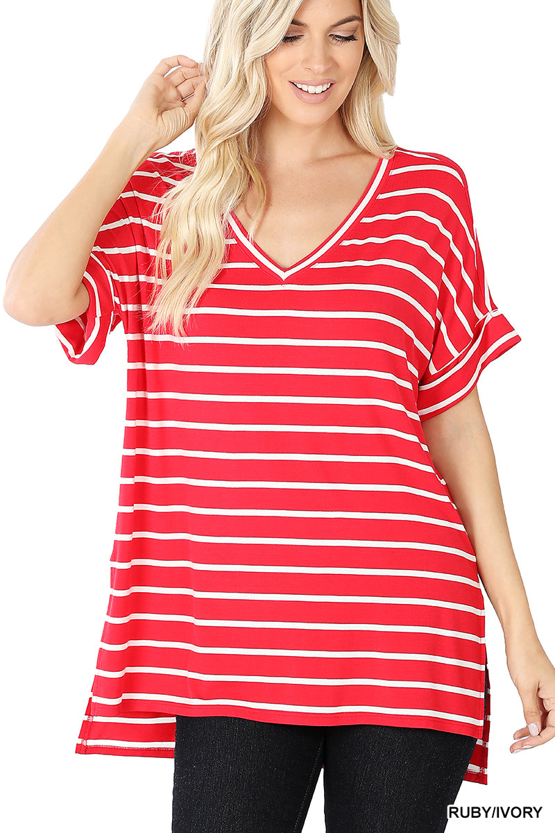 11246 1/4S Striped Rolled V Neck HiLo TOP in RUBY JV-D22C