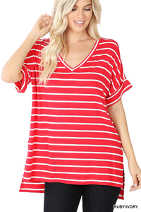 11246 1/4S Striped Rolled V Neck HiLo TOP in RUBY JV-D22C